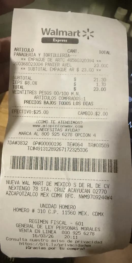 Ticket de Walmart enviado por WhatsApp